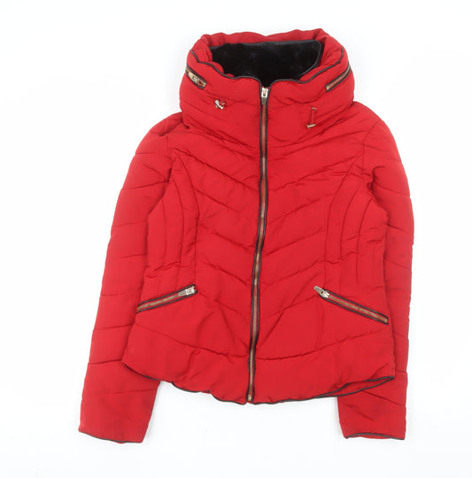 Zara Women Red Puffer Jacket L Quilted Winter Coat
