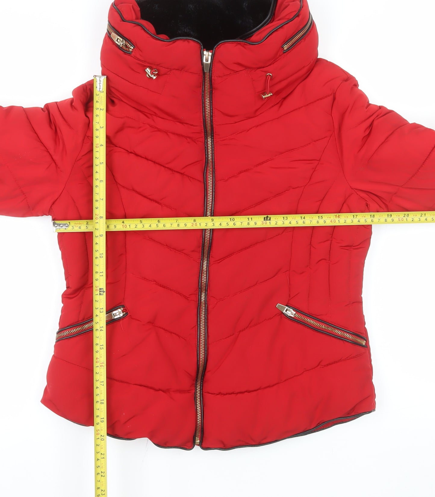 Zara Women Red Puffer Jacket L Quilted Winter Coat