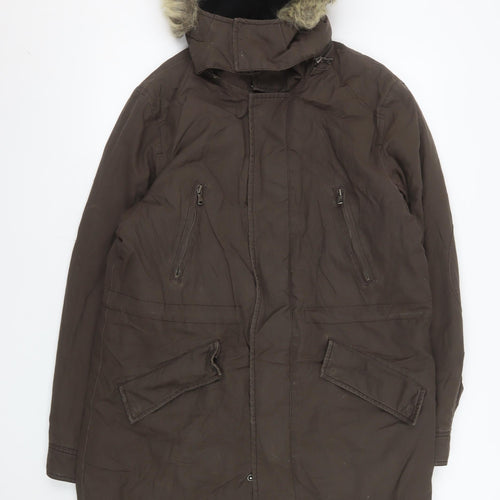 Zara Women Brown Fur Hooded Parka Coat Size 12 Long Winter Lined