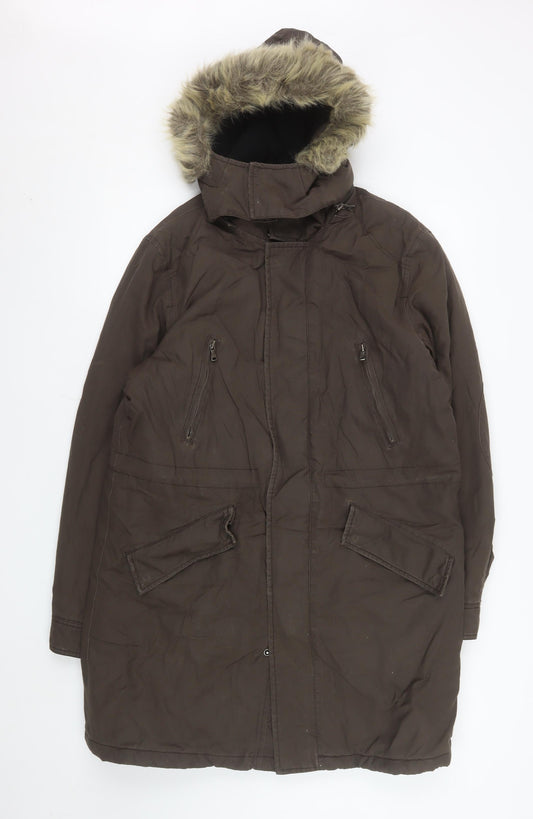 Zara Women Brown Fur Hooded Parka Coat Size 12 Long Winter Lined