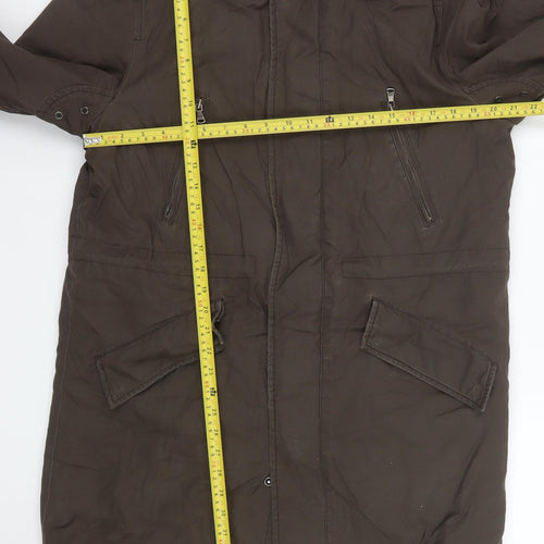 Zara Women Brown Fur Hooded Parka Coat Size 12 Long Winter Lined