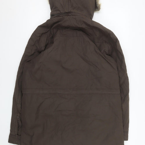 Zara Women Brown Fur Hooded Parka Coat Size 12 Long Winter Lined