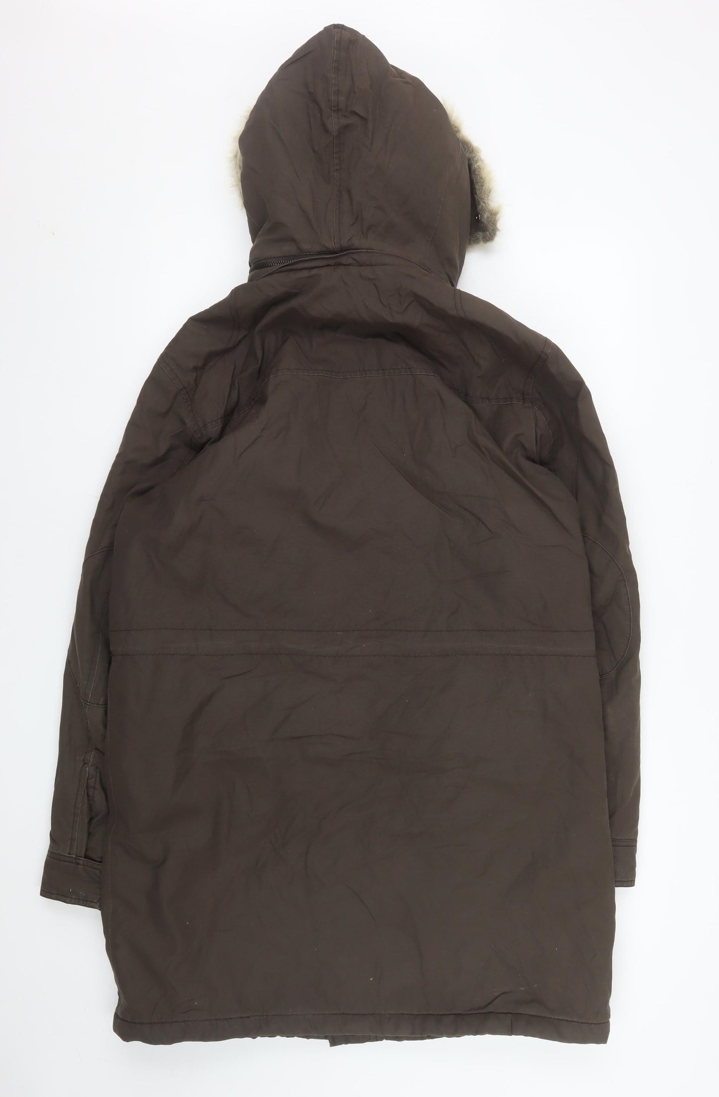 Zara Women Brown Fur Hooded Parka Coat Size 12 Long Winter Lined
