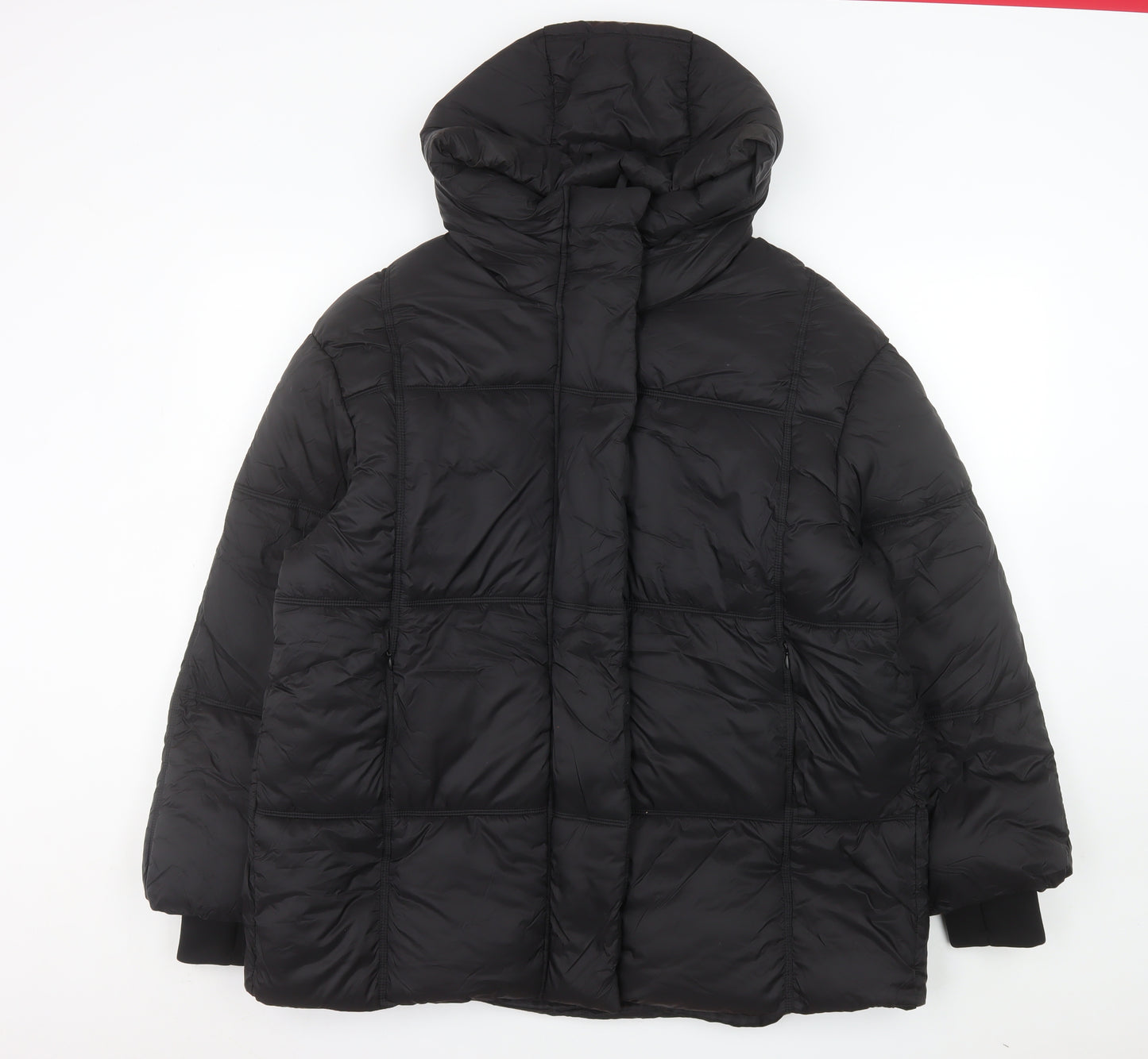 Primark Women's Black Mid-Length Hooded Puffer Jacket Size M