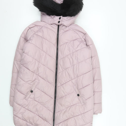 Marks and Spencer Girls Pink Quilted Puffer Coat 11-12 Years Hooded Fur Trim