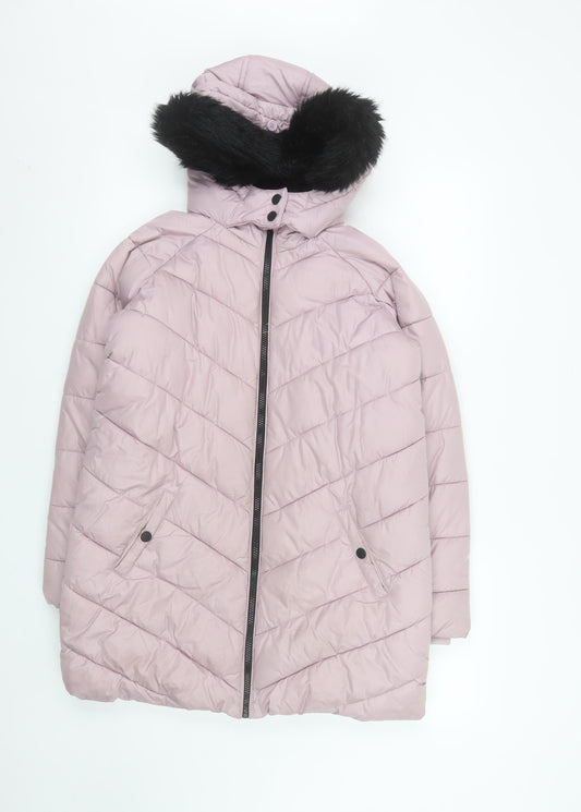 Marks and Spencer Girls Pink Quilted Puffer Coat 11-12 Years Hooded Fur Trim