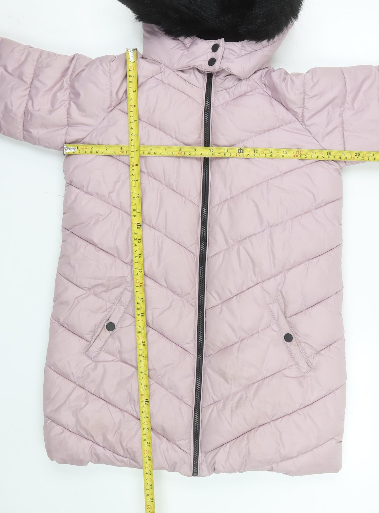 Marks and Spencer Girls Pink Quilted Puffer Coat 11-12 Years Hooded Fur Trim