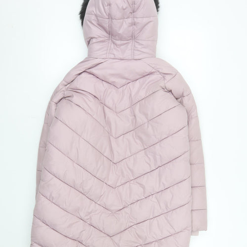 Marks and Spencer Girls Pink Quilted Puffer Coat 11-12 Years Hooded Fur Trim