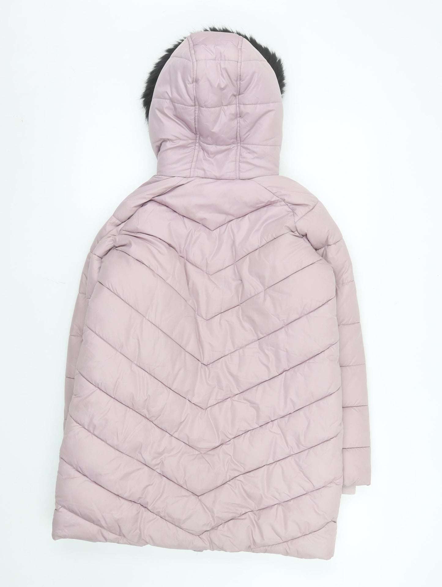 Marks and Spencer Girls Pink Quilted Puffer Coat 11-12 Years Hooded Fur Trim
