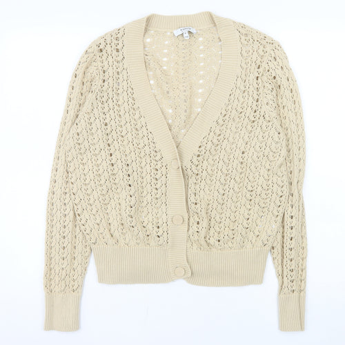 b.young Women Beige Open-Knit Cotton V-Neck Cardigan M