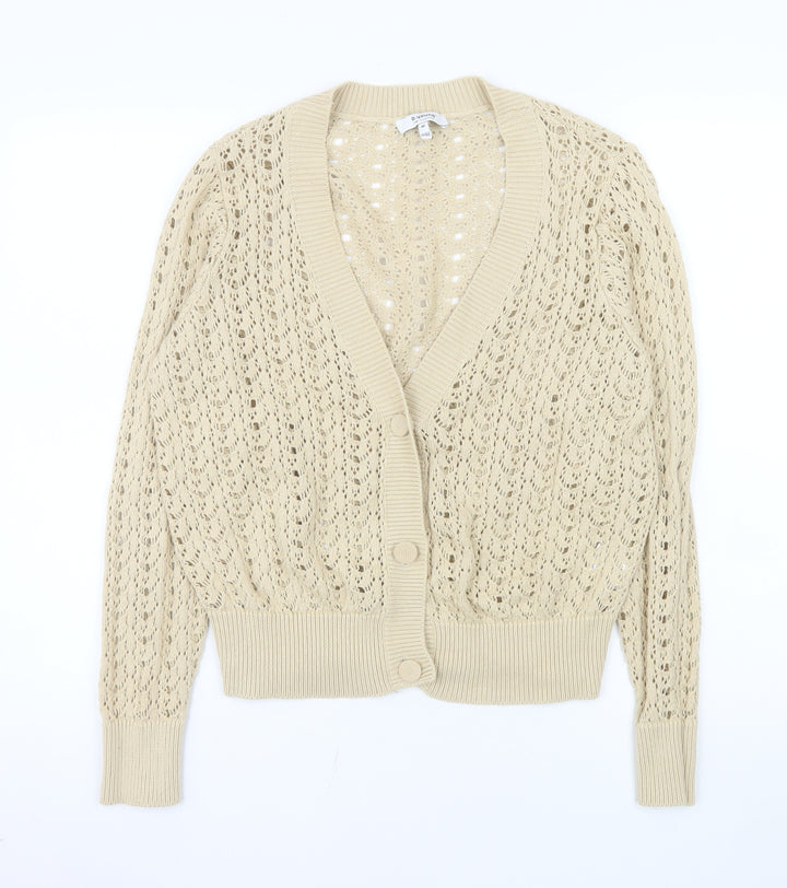 b.young Women Beige Open-Knit Cotton V-Neck Cardigan M