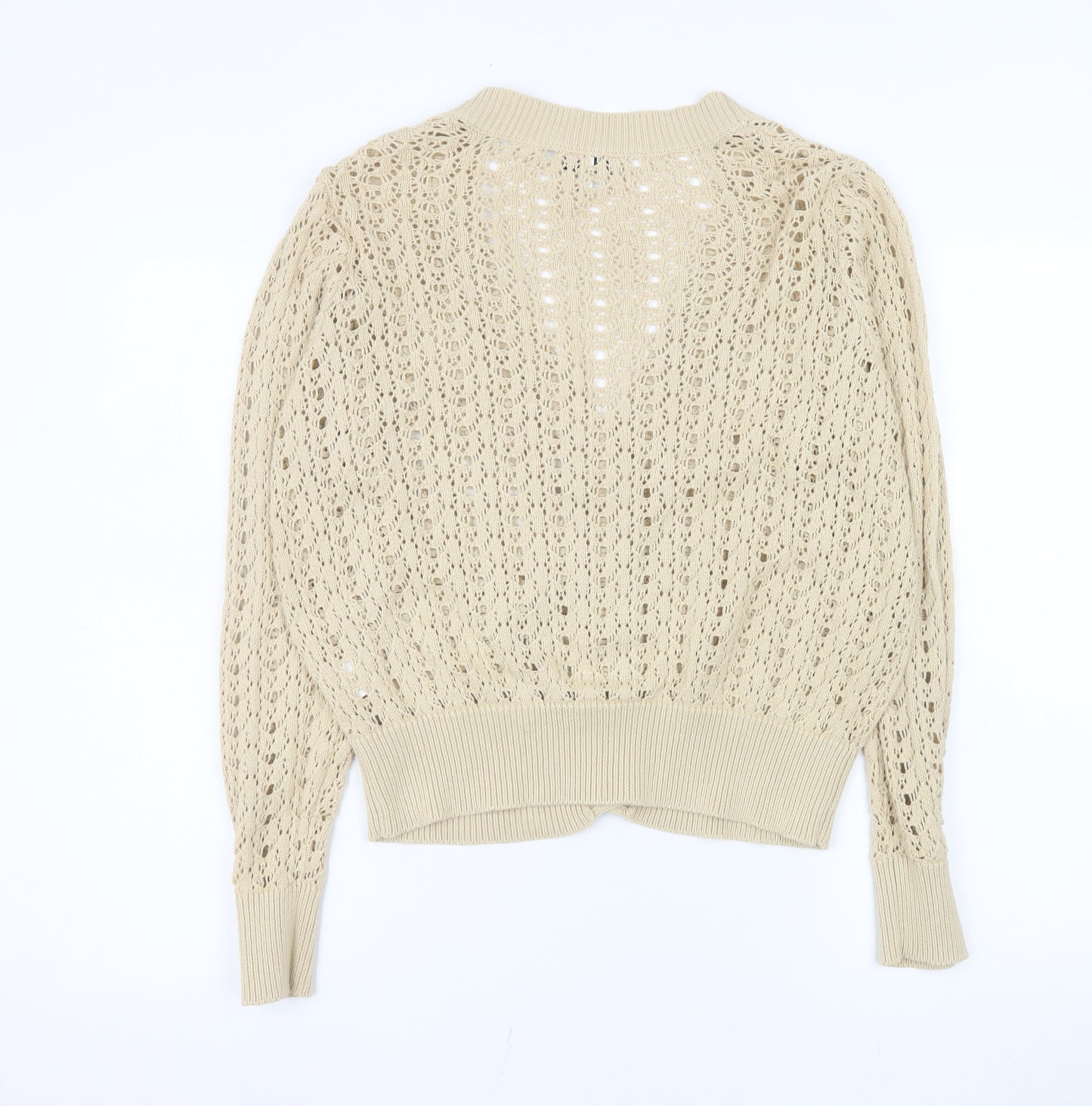 b.young Women Beige Open-Knit Cotton V-Neck Cardigan M