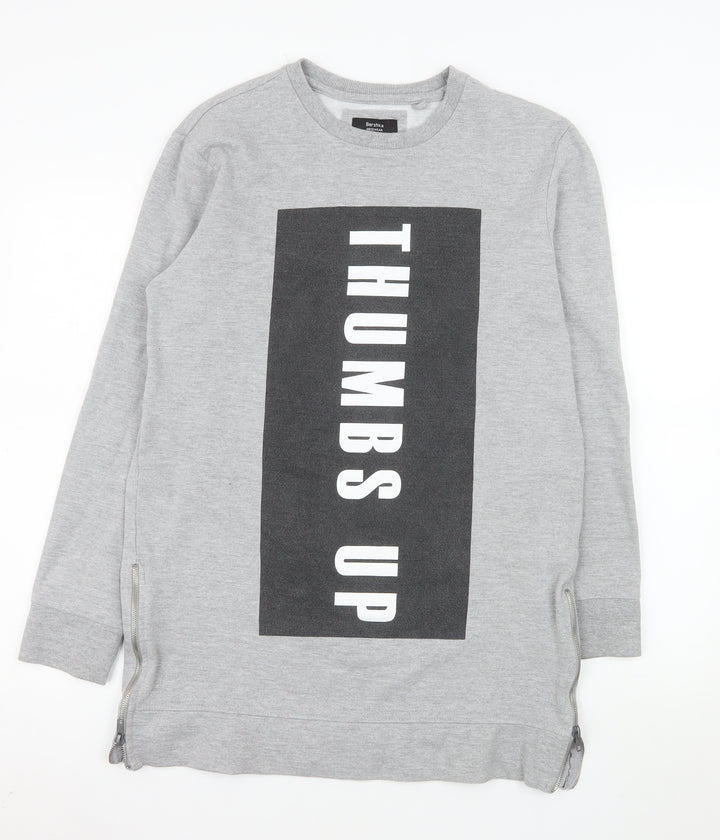 Bershka Mens Grey Graphic 'Thumbs Up' Pullover Sweatshirt M