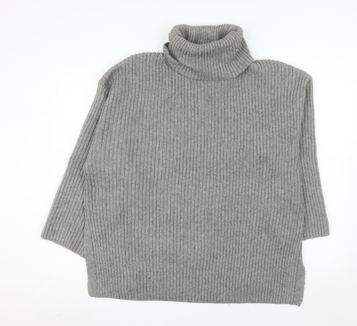 H&M Women’s Grey Roll Neck Ribbed Knit Wool Blend Jumper Size L