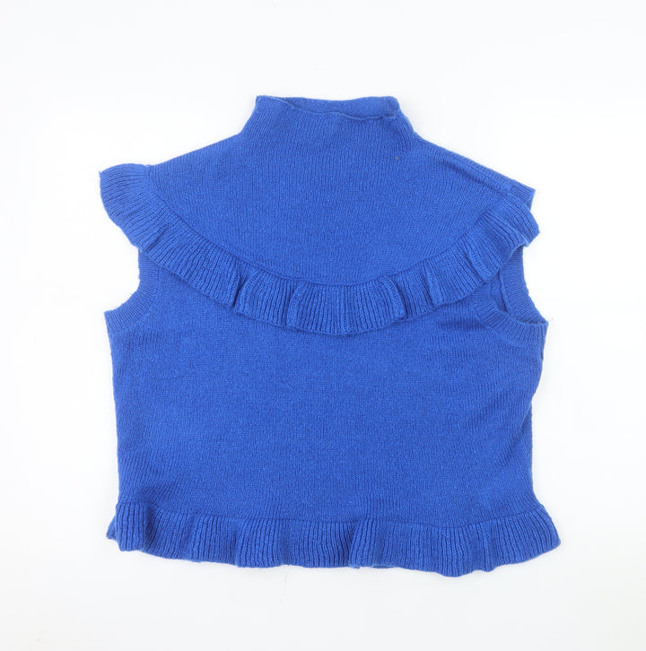 Boohoo Womens Blue Sleeveless Ruffle Knit High Neck Tank Top Size L