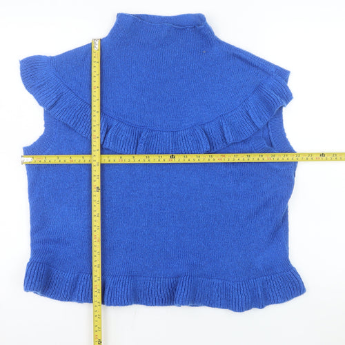 Boohoo Womens Blue Sleeveless Ruffle Knit High Neck Tank Top Size L