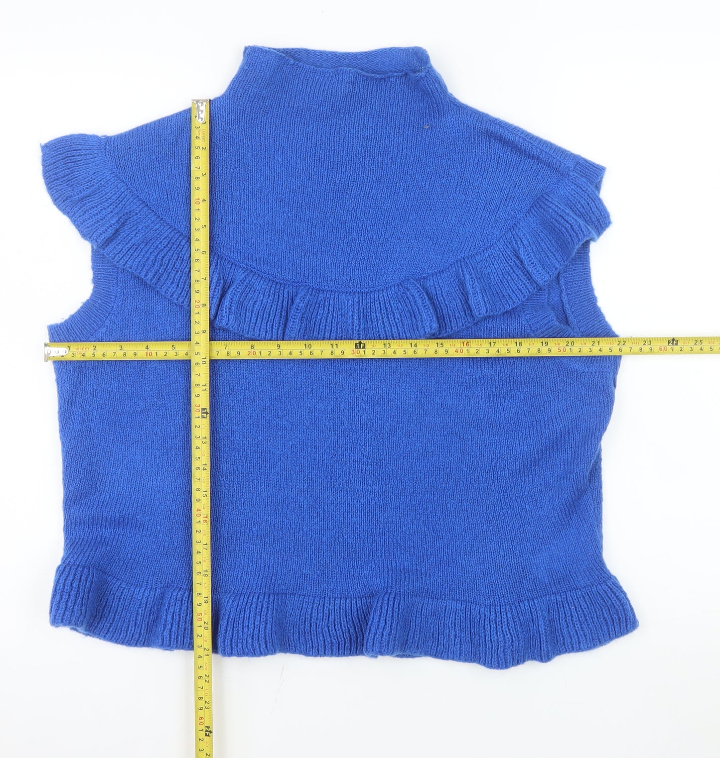 Boohoo Womens Blue Sleeveless Ruffle Knit High Neck Tank Top Size L