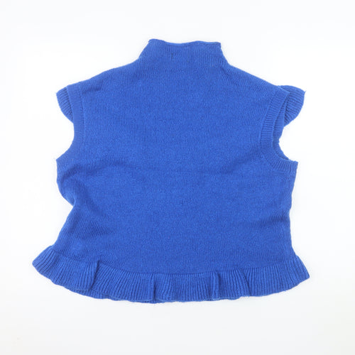Boohoo Womens Blue Sleeveless Ruffle Knit High Neck Tank Top Size L