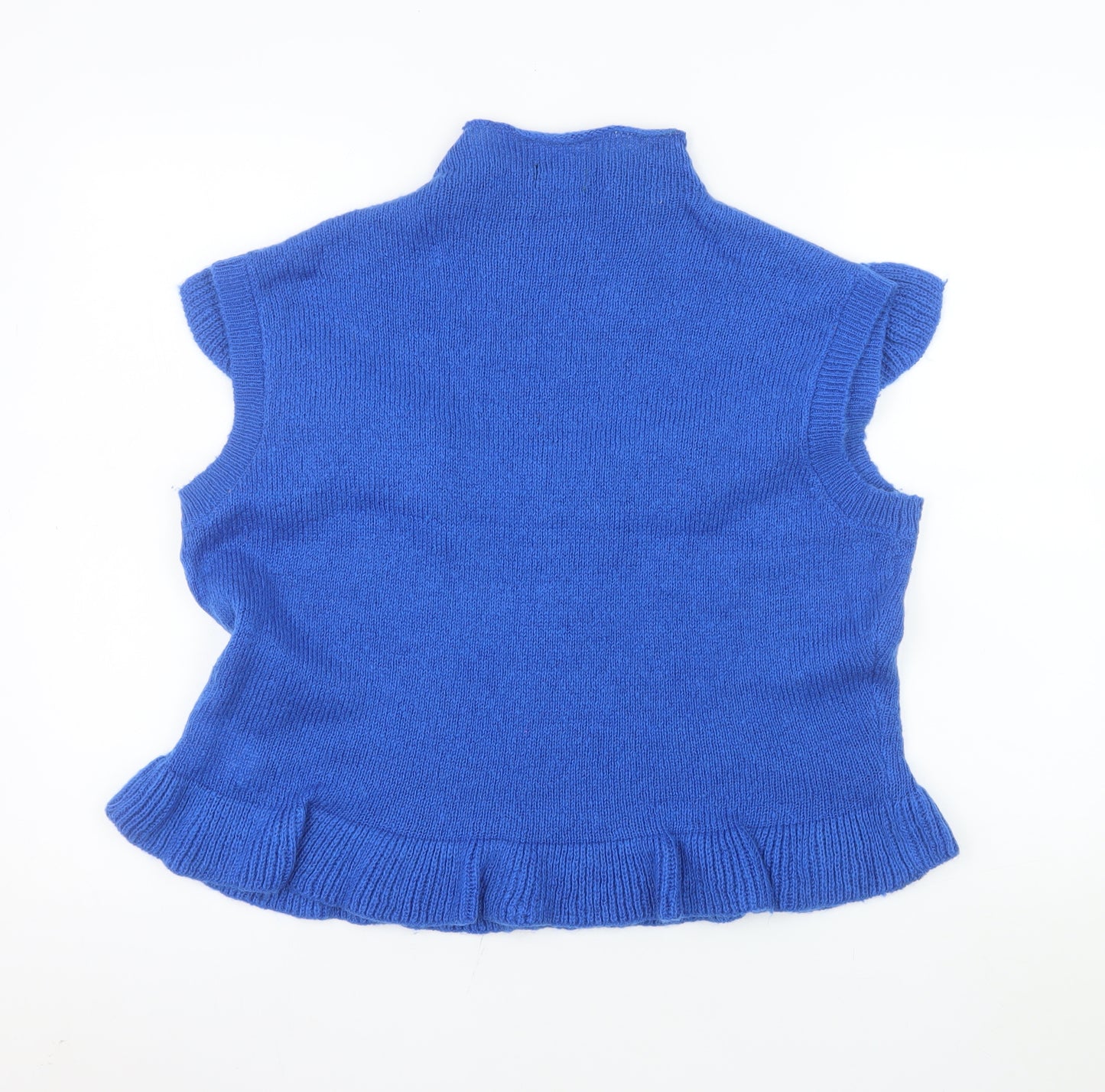 Boohoo Womens Blue Sleeveless Ruffle Knit High Neck Tank Top Size L