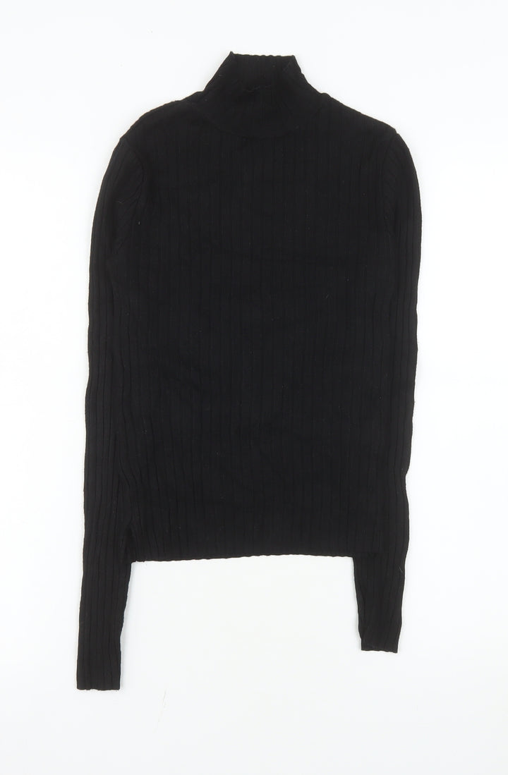 Pull&Bear Women's Black Slim Fit High Neck Long Sleeve Knit Top Size S
