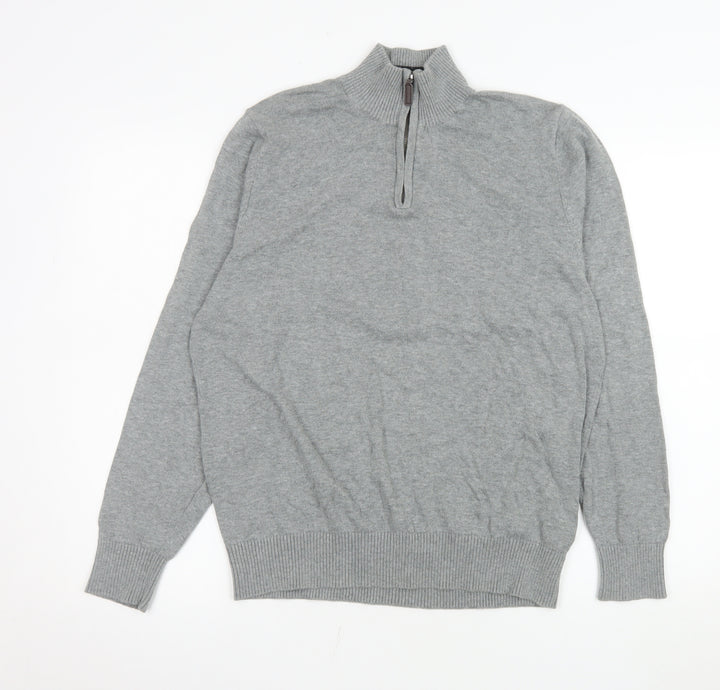 Marks and Spencer Men's Grey Cotton 1/4 Zip Sweatshirt Medium