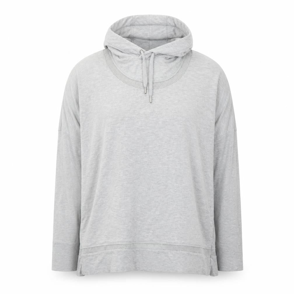 Front view of Yogalicious women’s grey wrap back hooded pullover xl lightweight hoodie