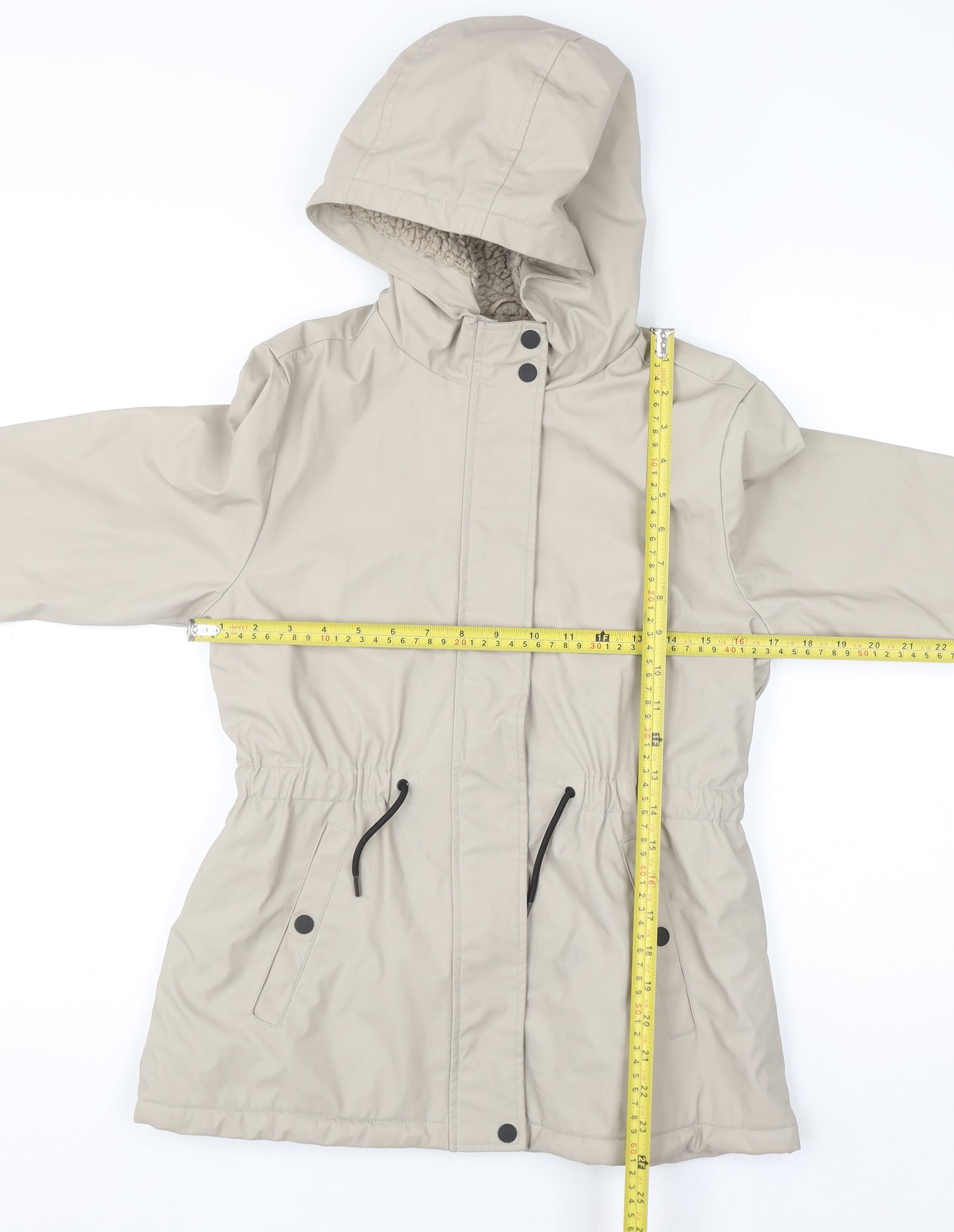 F&F Girls Beige Hooded Parka Coat 11-12 Years Lined Winter Jacket