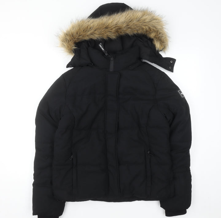 Jack Wills Women's Black Faux Fur Hooded Puffer Jacket UK 12