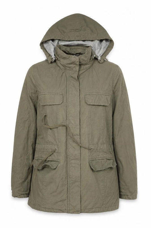 Front view of Kew Women’s Green Cotton Hooded Parka Jacket, size UK 14