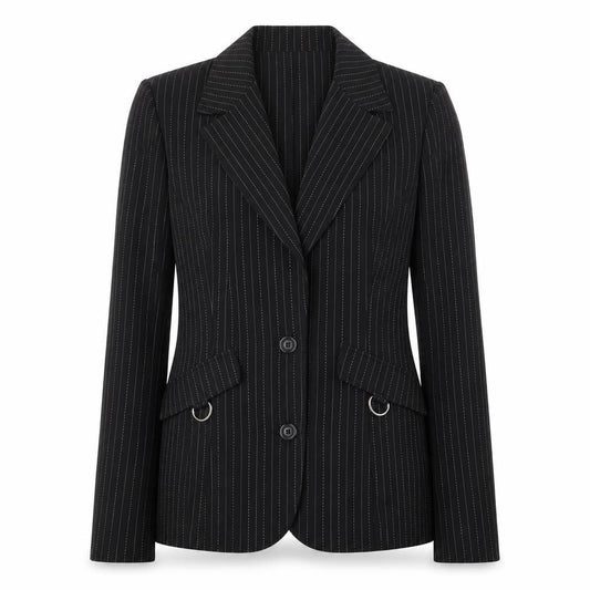 Front view of Spago Collection Women Black Pinstripe Two-Button Suit Jacket, size 6