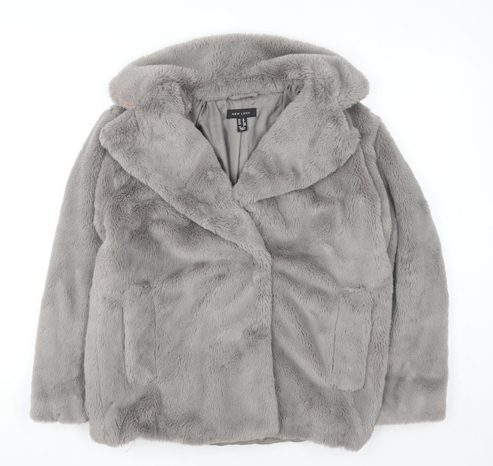 New Look Women’s Grey Faux Fur Mid-Length Coat Size 10