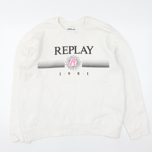 Replay Women White Cotton Blend Sweatshirt Size 3XL Crew Neck