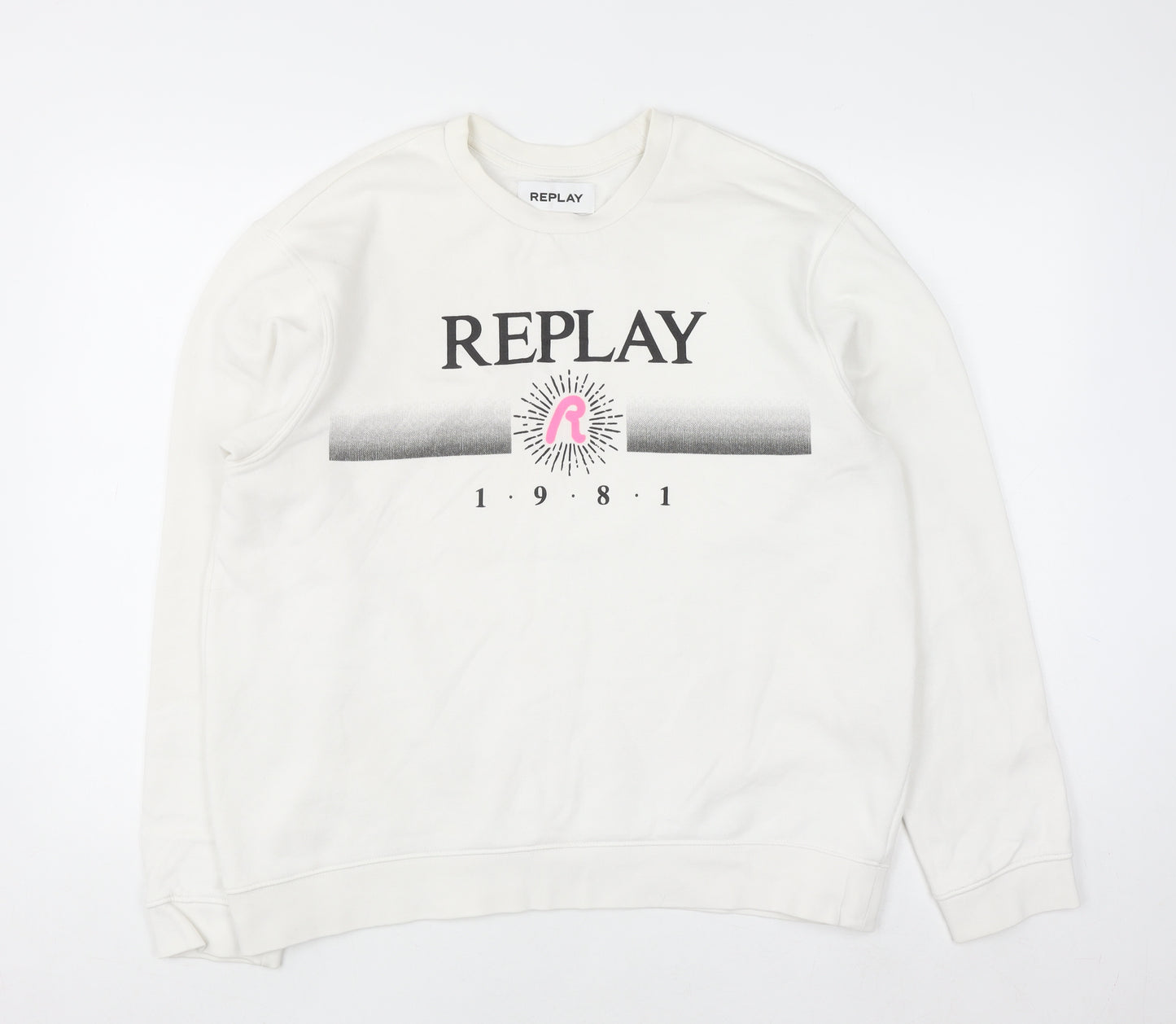 Replay Women White Cotton Blend Sweatshirt Size 3XL Crew Neck