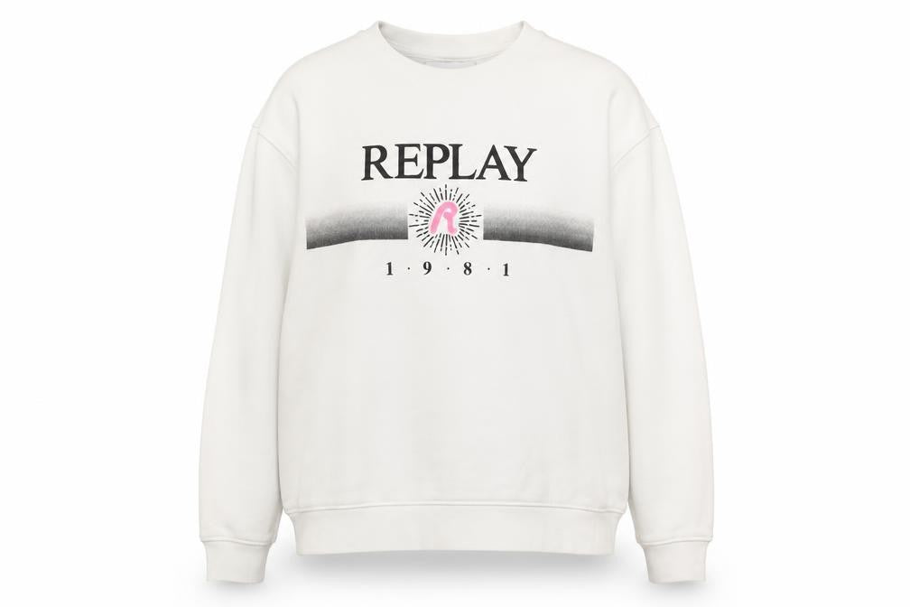 Replay Women White Cotton Blend Sweatshirt Size 3XL Crew Neck