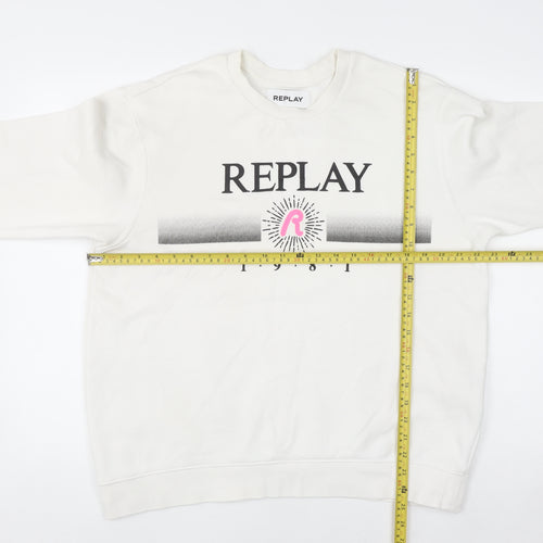 Replay Women White Cotton Blend Sweatshirt Size 3XL Crew Neck