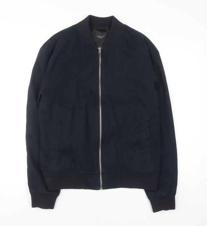 New Look Men Blue Cotton Bomber Jacket M Casual Zip Up