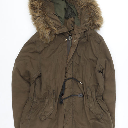 Zara Woman Khaki Green Faux Fur Hooded Parka Jacket Size 12