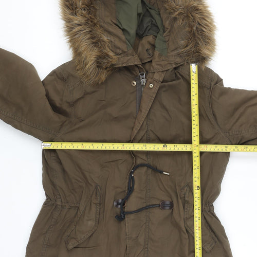 Zara Woman Khaki Green Faux Fur Hooded Parka Jacket Size 12