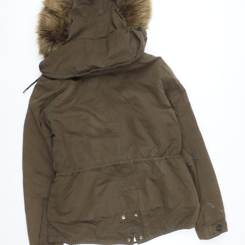 Zara Woman Khaki Green Faux Fur Hooded Parka Jacket Size 12