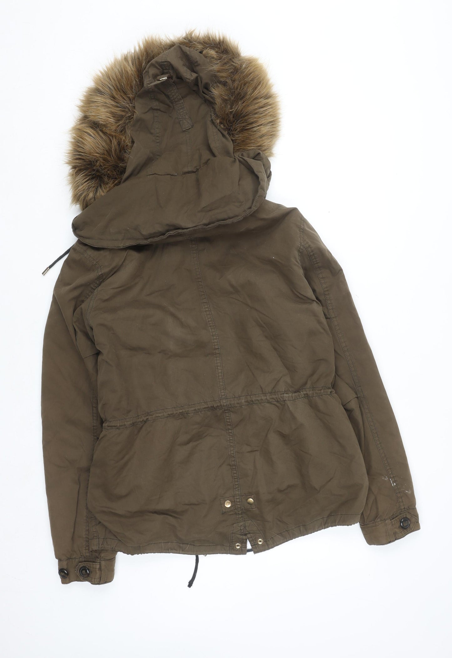 Zara Woman Khaki Green Faux Fur Hooded Parka Jacket Size 12