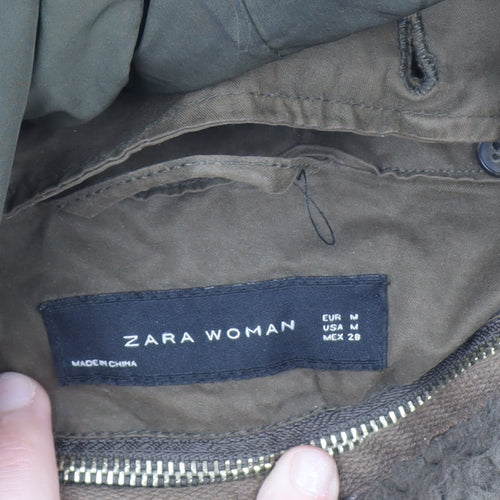 Zara Woman Khaki Green Faux Fur Hooded Parka Jacket Size 12