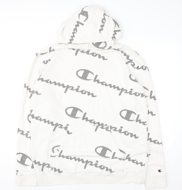 Champion Men's White XL Pullover Hoodie with All Over Logo Print