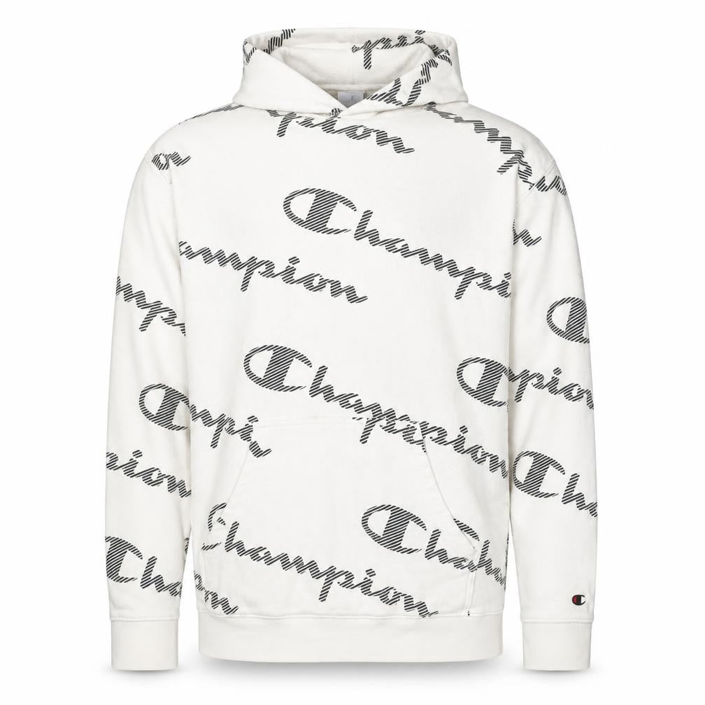 Front view of Champion Men's White XL Pullover Hoodie with All Over Logo Print