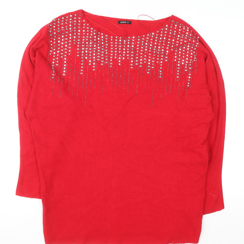 Roman Women's Red Rhinestone Boat Neck Pullover Jumper Size 18
