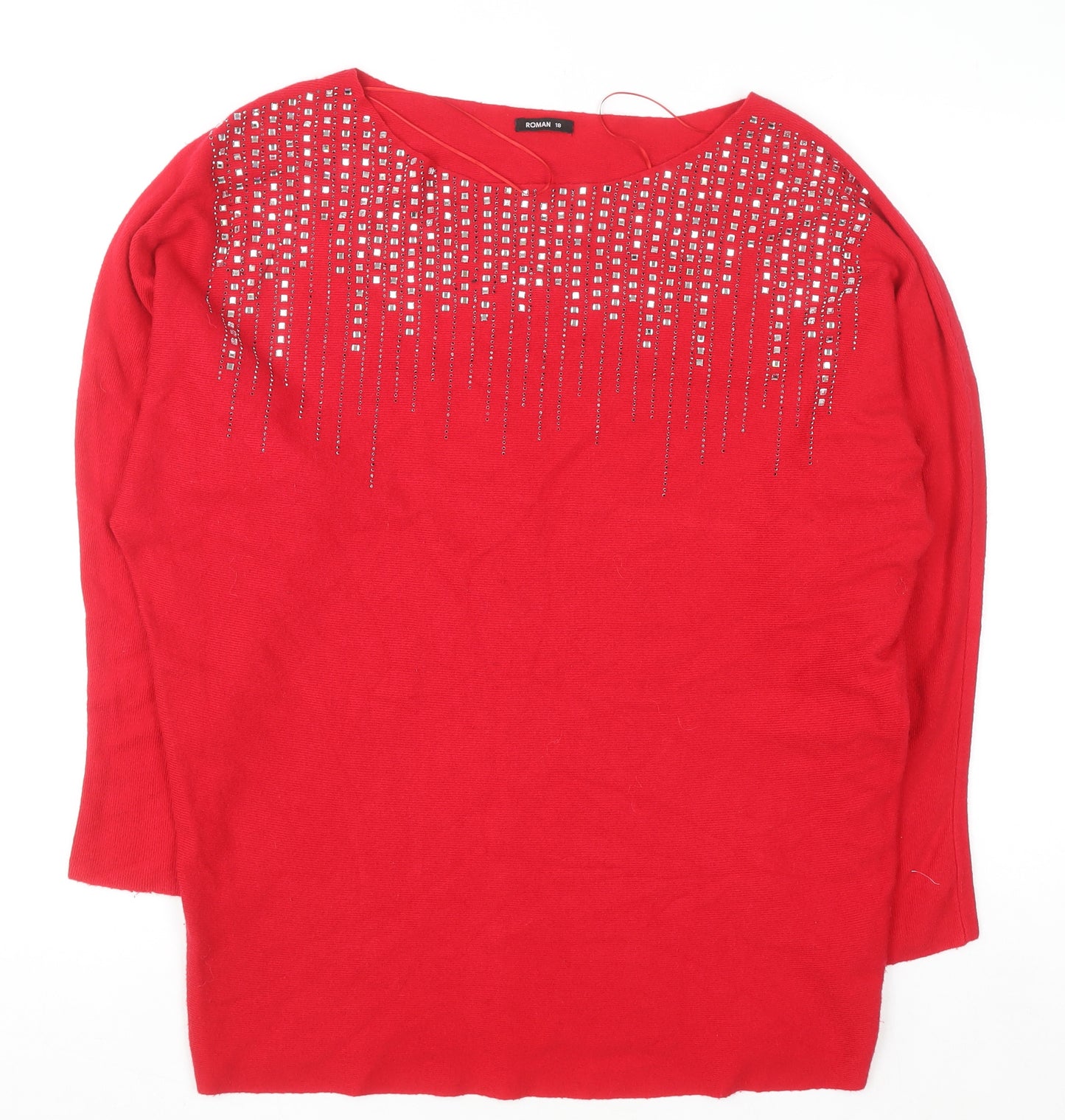 Roman Women's Red Rhinestone Boat Neck Pullover Jumper Size 18