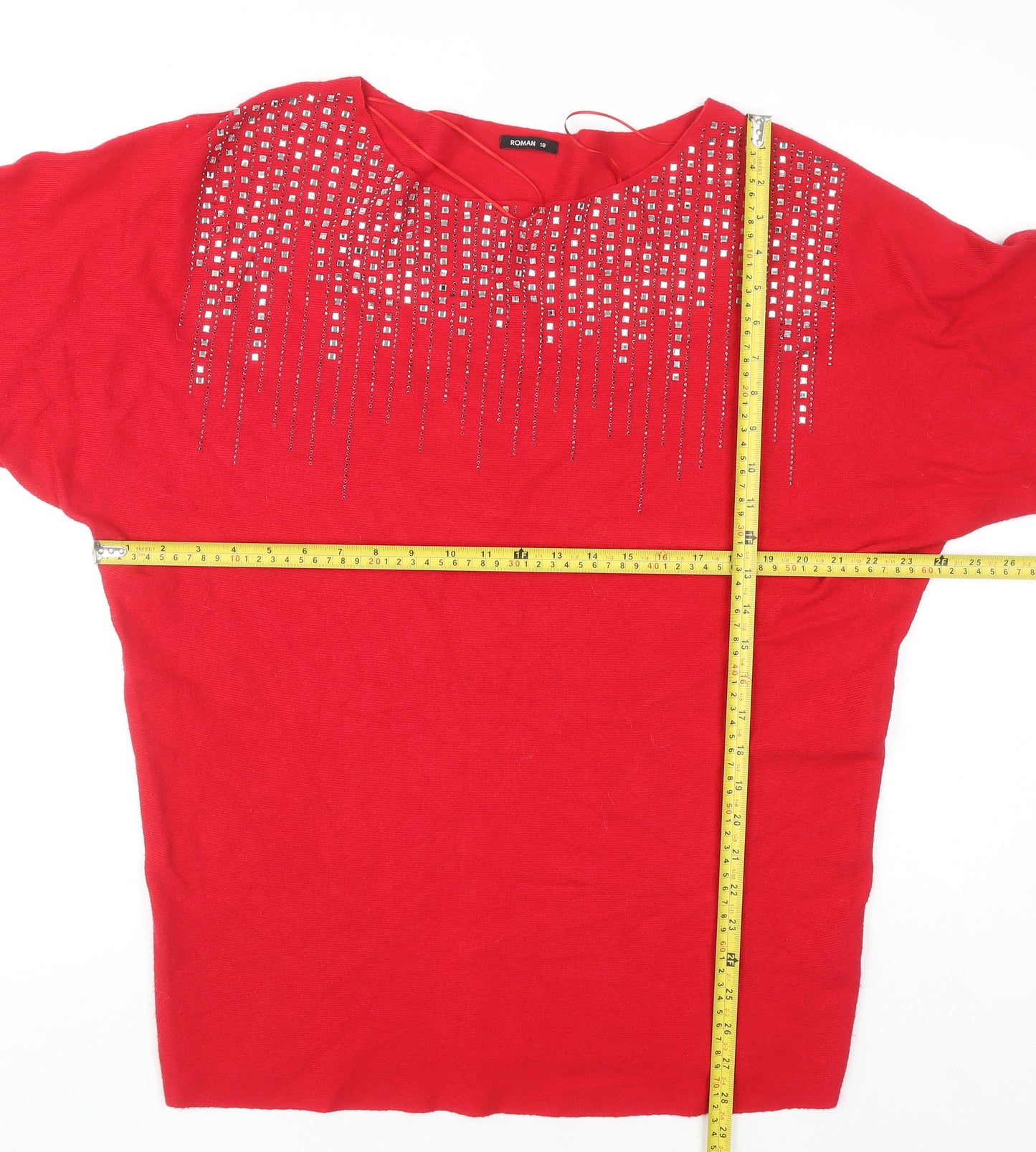 Roman Women's Red Rhinestone Boat Neck Pullover Jumper Size 18