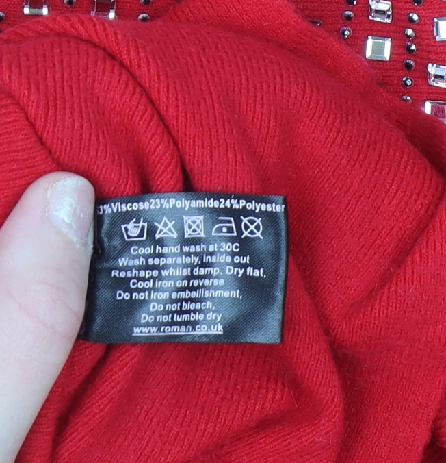 Roman Women's Red Rhinestone Boat Neck Pullover Jumper Size 18