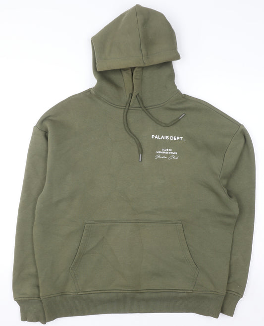 River Island Men’s Green Pullover Hoodie M Fleece Lined Logo Print