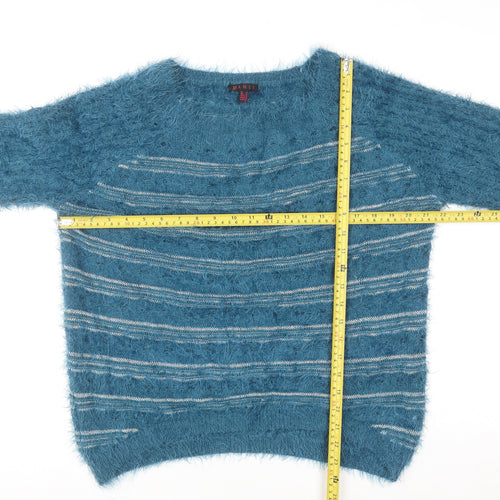 Mandi Women’s Blue Fuzzy Striped Pullover Jumper Size 14
