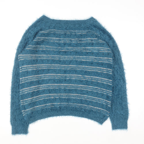 Mandi Women’s Blue Fuzzy Striped Pullover Jumper Size 14